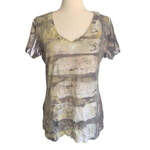 Abstract Print Top L Earth Tone Crinkle Knit Grunge Indie Boho Stretch Tee